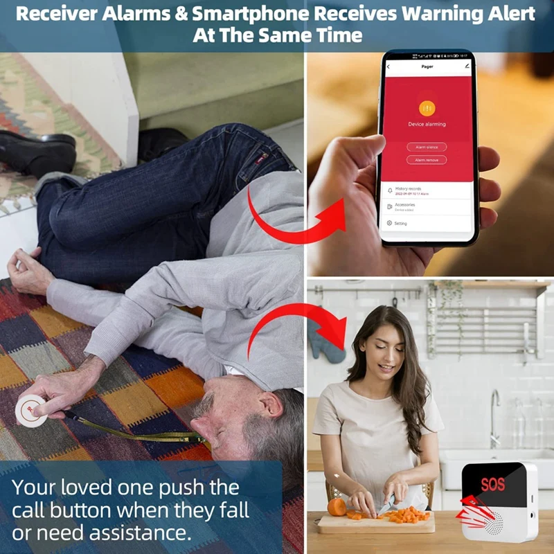 Caregiver Pager Wireless,APP Control Life Alert Systems For Seniors Wifi Connection 1 Receiver 1 SOS Call Button