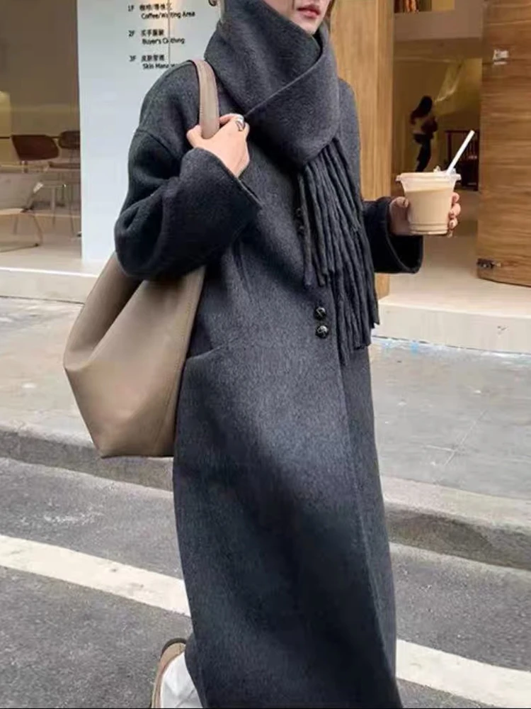 [LANMREM] Vintage Scarf Collar Wool Coats For Women Single Breasted Office Lady Warm Outwear Female 2024 Winter New 26C883