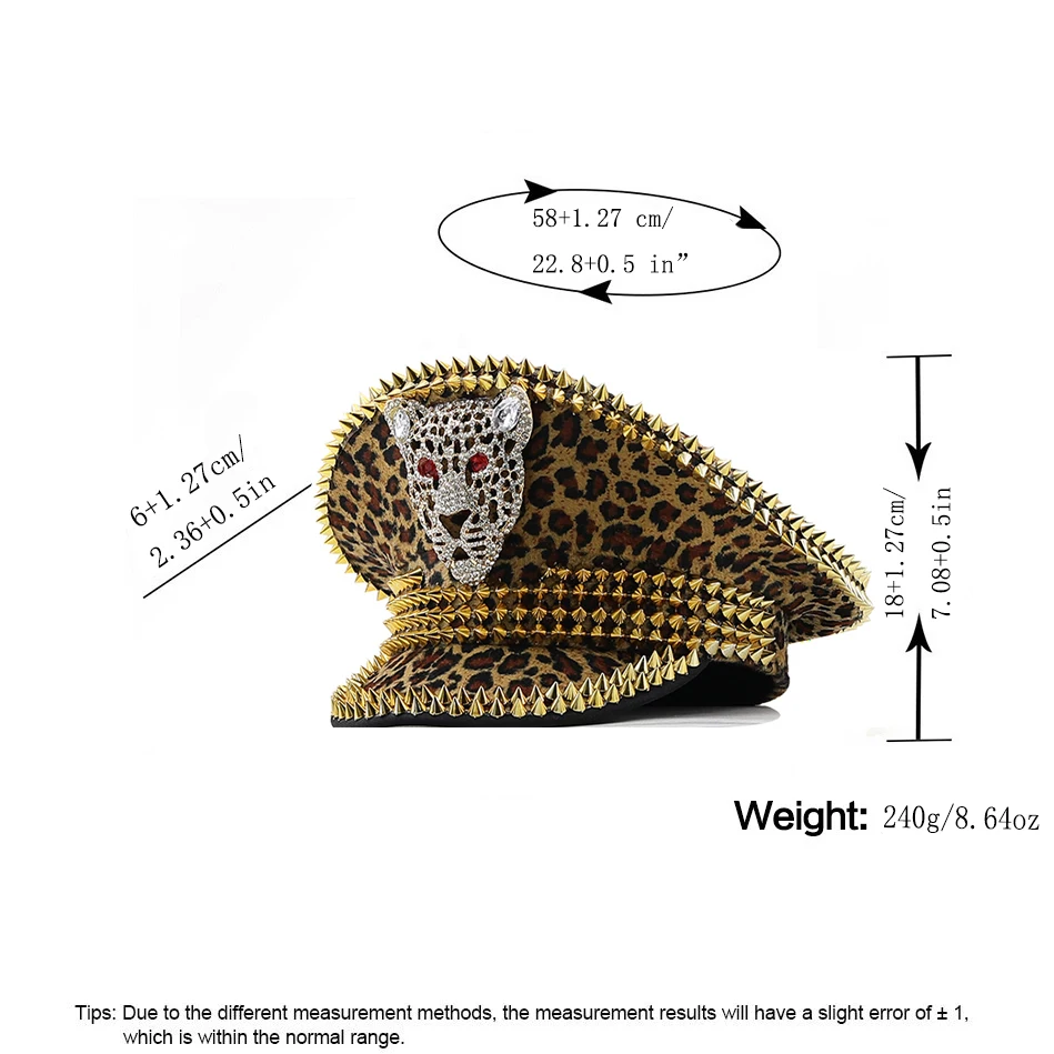 Hip Hop Women Sequin Burning rivet Leopard Military Hat Handmade Luxury Captain Sergeant Hat Rhinestone Bride Festival Part Hat