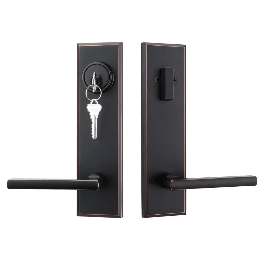 Oil Rubbed Bronze Entry Door Handle Set with Deadbolt Reversible Lever Keyed Lock Universal Fit 1-3/8