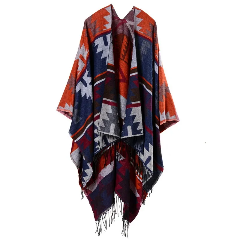 Geometric Lozenge Lengthened Thickened Shawl Cashmere Cloak Ethnic Style Travel Cape for Women