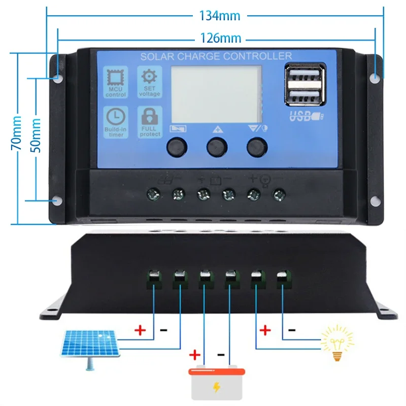 Solar Charge Controller 12V 24V 100A/60A/50A/40A/30A/20A/10A Auto LCD Dual USB StreetLamp Charging  Camping  Home  RV Grassland