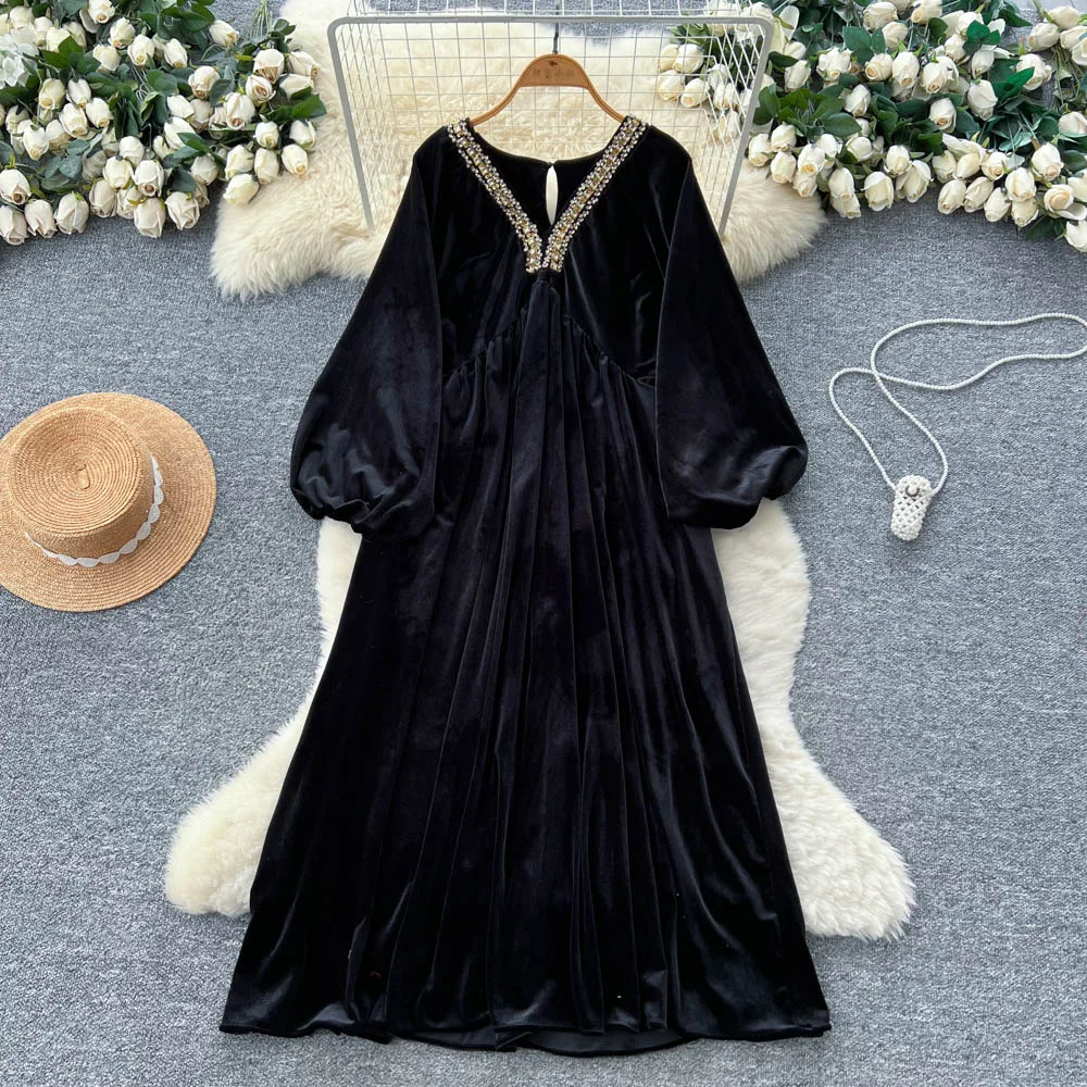 فستان أنيق أنيق بأكمام طويلة من القطيفة فضفاض بأكمام واسعة فساتين حفلات عصرية كورية ملابس نسائية #3