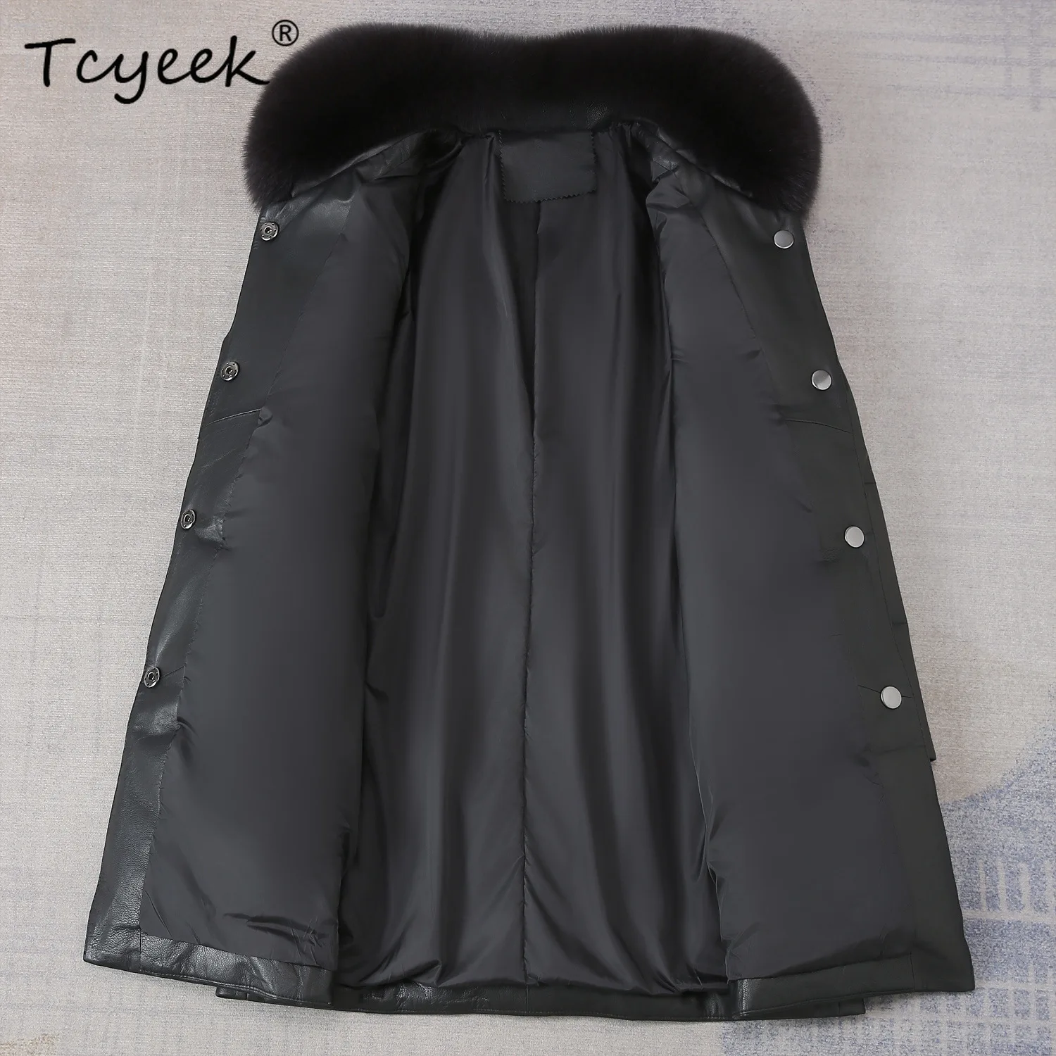 Tcyeek جلد الغنم الحقيقي جلد طبيعي أسفل سترة النساء الملابس الشتوية الثعلب الفراء طوق الدافئة أوزة أسفل معطف المرأة معاطف 2025