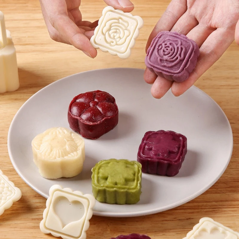 5 Pcs/Set Chinese Style Mooncake Mold Hand Press Cake Mold Stamps Mid-Autumn Festival Pastry Mold Cake Decoration Baking Tools