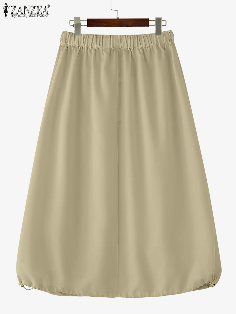 여성 Faldas ZANZEA 2025 가을 우아한 맥시 스커트 신축성있는 허리 솔리드 컬러 캐주얼 루즈 오버 사이즈 드로우 스트링 롱 오버 스커트