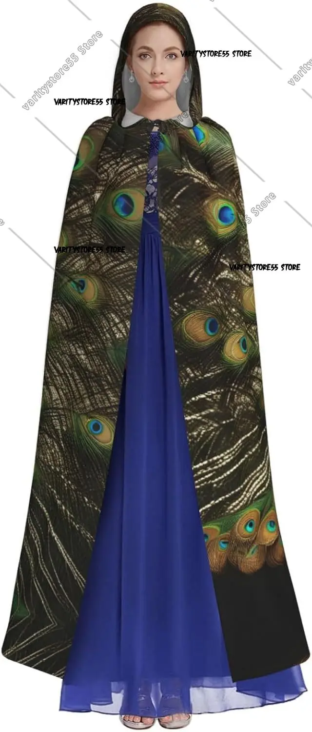 Peacock Feather Print Unisex Hooded Cape Perfect for Halloween Role Play Costumes