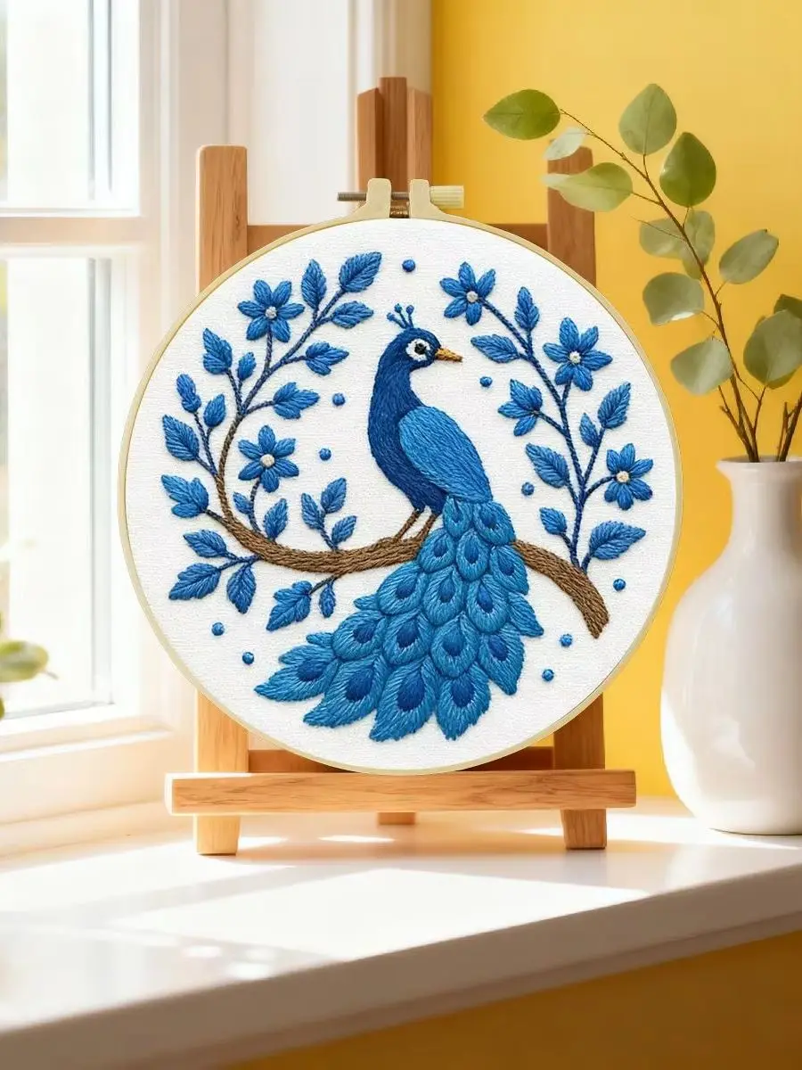 1 Stück 20X20CM/15X15CM 7,87/6,3 Zoll Pfauen-Stickerei-Starter-Kit DIY-Kit DIY-Stickerei-Set Handarbeiten Heimdekoration Nadelkunst – Detail 6