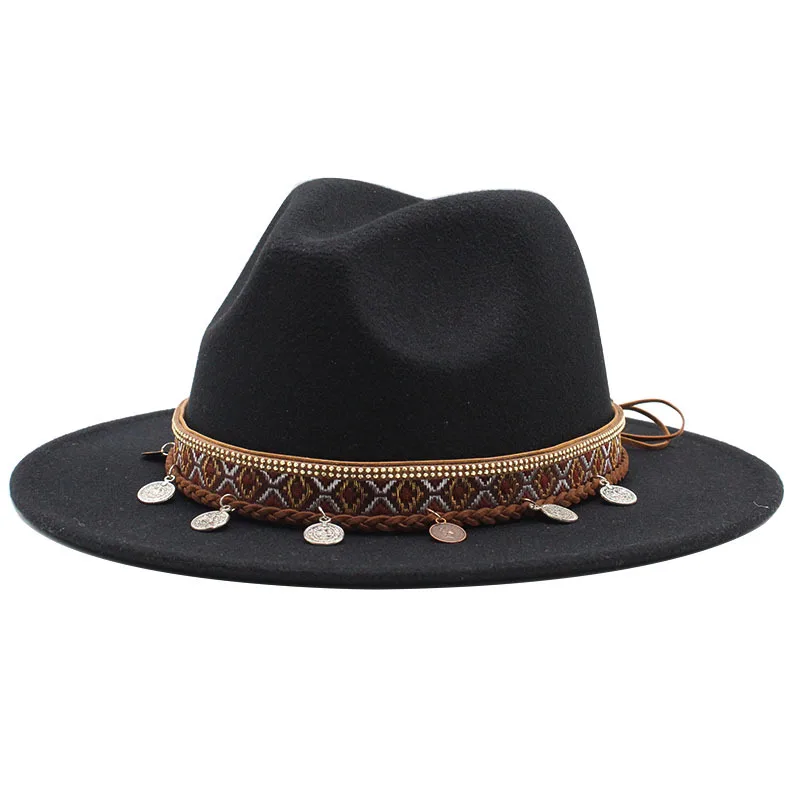 

Aliexpress Hot Sale Woolen Jazz Ethnic Style Top Hat Ladies Vintage Flat Brim Broad-brimmed Hat