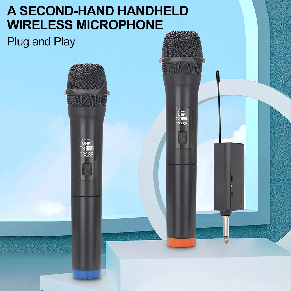 Handheld Wireless Microphone 2 Channels UHF Fixed Frequency Dynamic Mic with Receiver for Home Party Karaoke Church Show Meeting