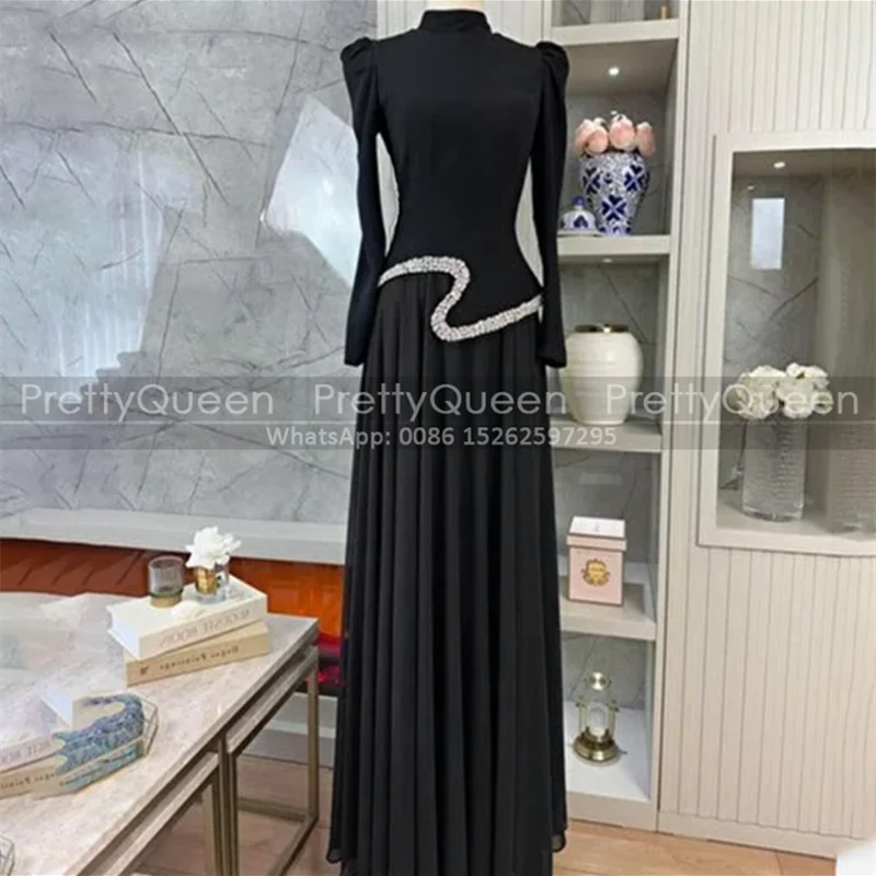 

Black A Line Mother of the Bride Dresses High Neck Beaded Long Sleeves Customized Formal Evening Dress Party