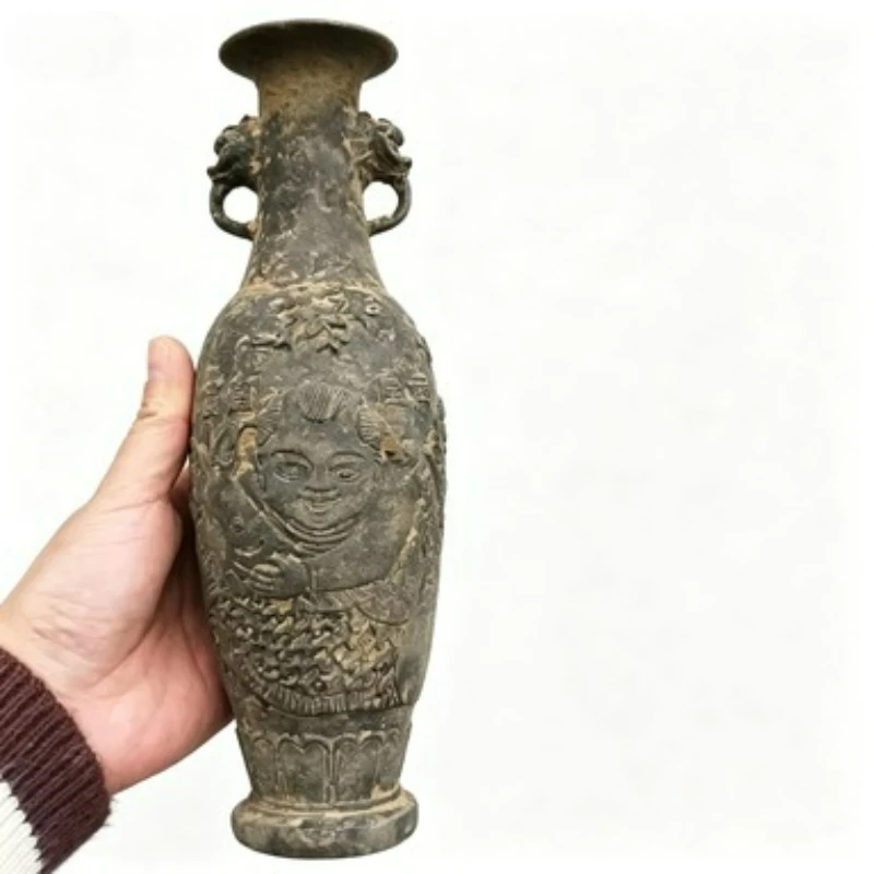 Bronze Collection Vase Carved Fish Decoration Zhenzhai Decoration Binaural Vase Vintage Old Bronze Collection