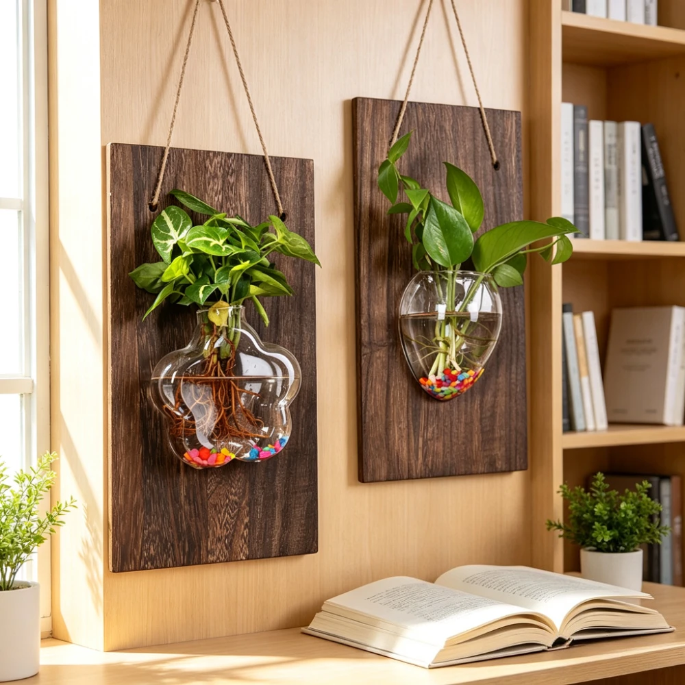 Vintage Wall Hanging Glass Flower Vase with Wood Backboard Hydroponic Plant Pot Indoor Wall Decor Home Office Ornament