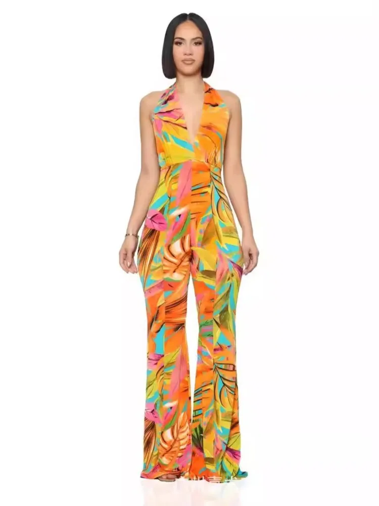 

Women's Fashion Printed Jumpsuit Summer V-neck Sexy Sleeveless Hanging Neck Tie With Casual High Waist Bell-bottoms Leace-up