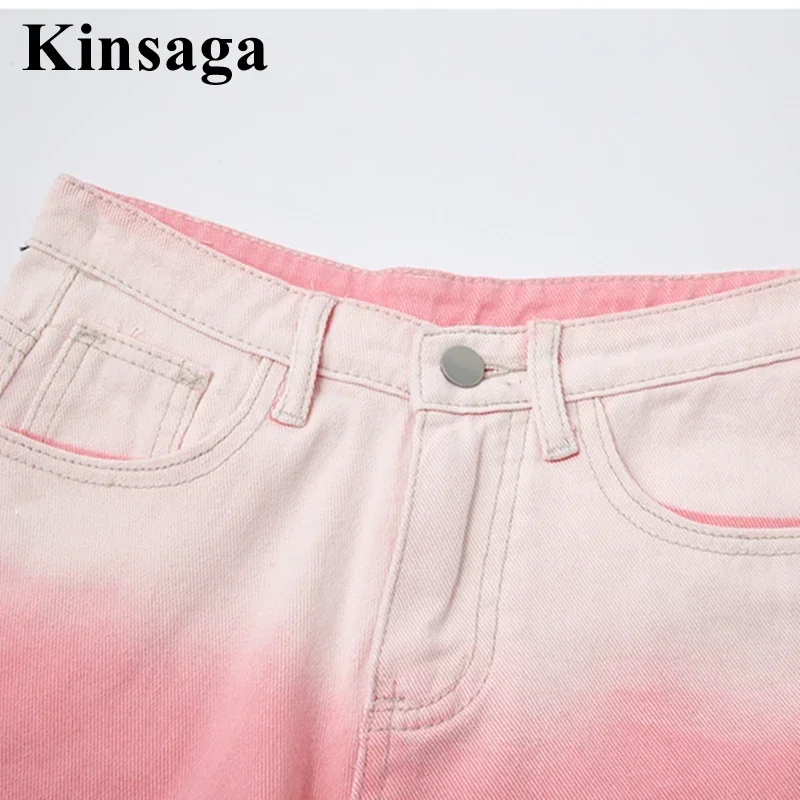 Women Street Cuffed Gradient Color Short Pants Jeans Feminino Summer High Waisted Loose Straight Pink Denim Shorts Y2K Hotpants