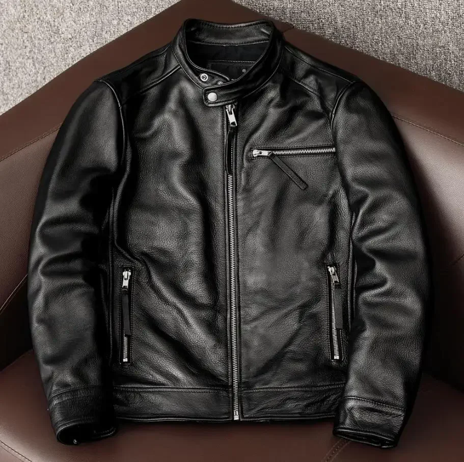 

Mens Genuine Leather Jacket Short Cowhide Moto Coat Stylish Stand Collar Casual Outerwear Fashion Biker Leather Clothing