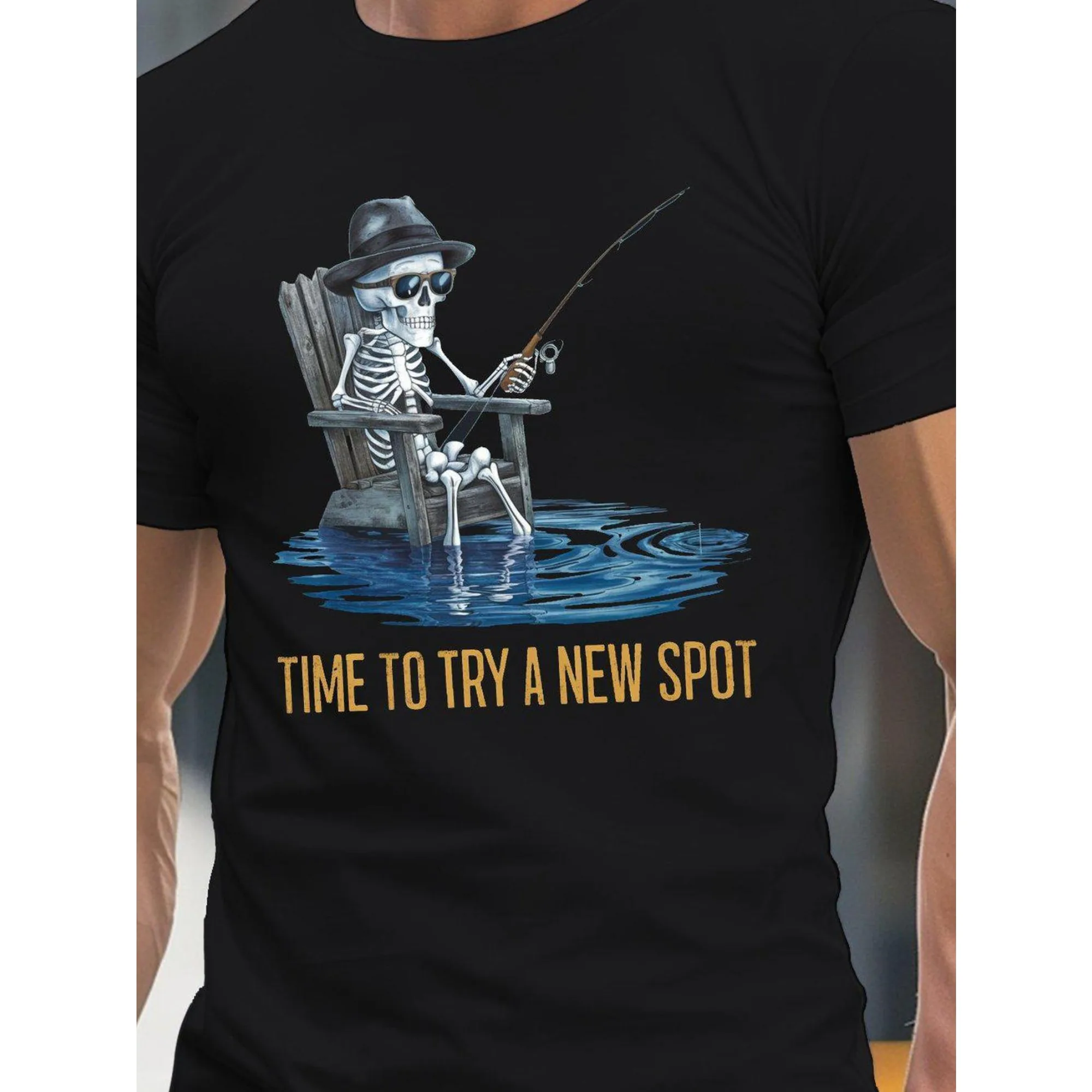 

Men Funny Fishing T Shirt Skeleton Fisherman Graphic Tee Time To Try A New Spot Print Humor Skull Outdoor Cotton Casual Top