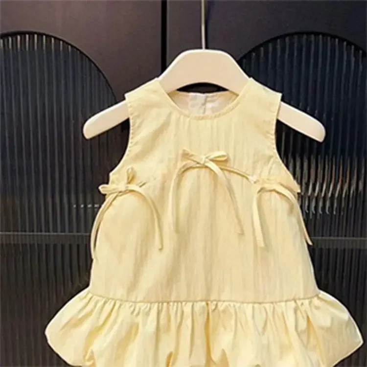 2025 Summer New Girls' Bubble Skirt Small Dress Sleeveless Fish Tail Bow Vest Dress