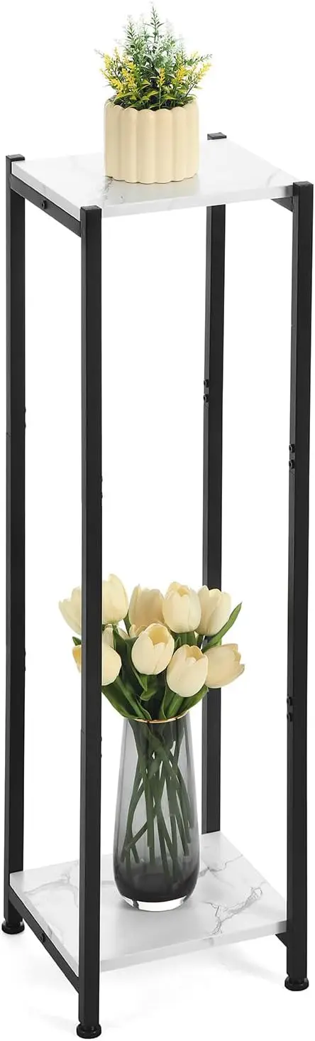 

40-Inch Tall 2-Tier Metal Plant Stand with Wood Shelves, Marble White & Black, Indoor Use