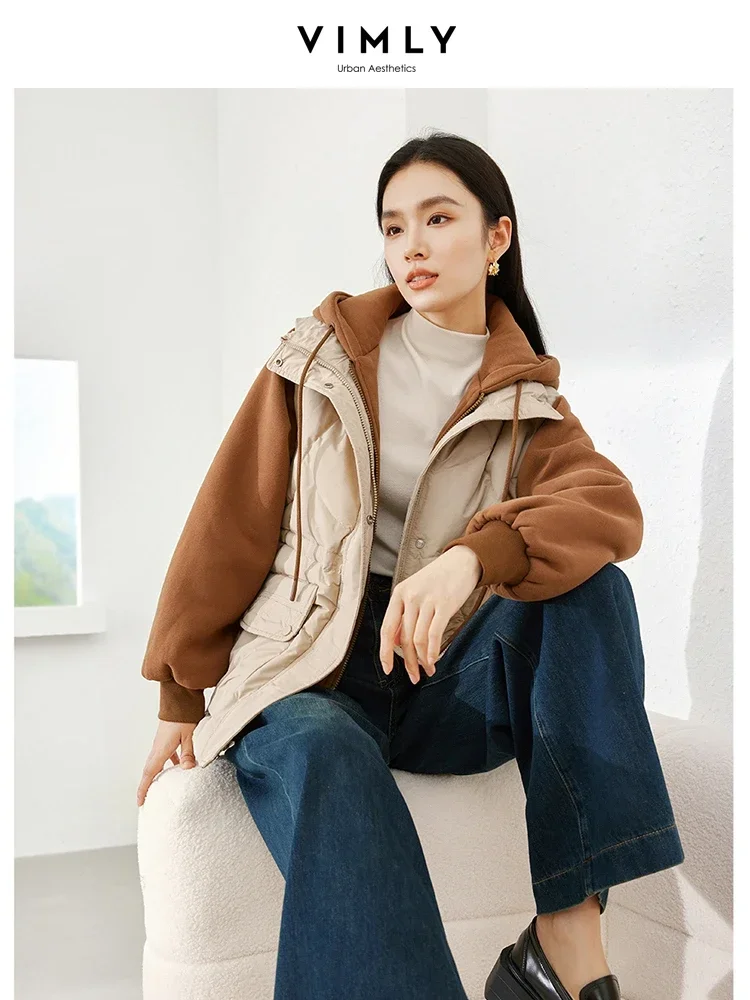 Vimly 2 In 1 Patchwork Down Jacket 2023 Winter New in Outerwears Hooded Single Breasted Zip Through Female Long Down Coat 50638