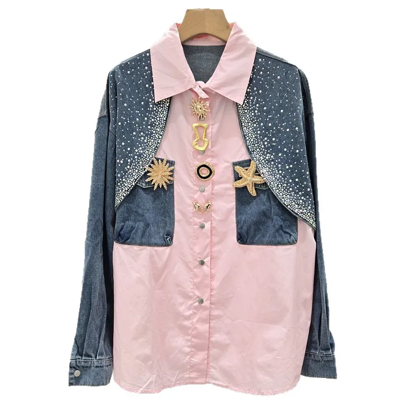 HKSH Women Shirt Denim Patchwork Color Block Studded Diamonds Metal Decoration Long Sleeves Y2K Chic Ins New Spring 2026 HK19325