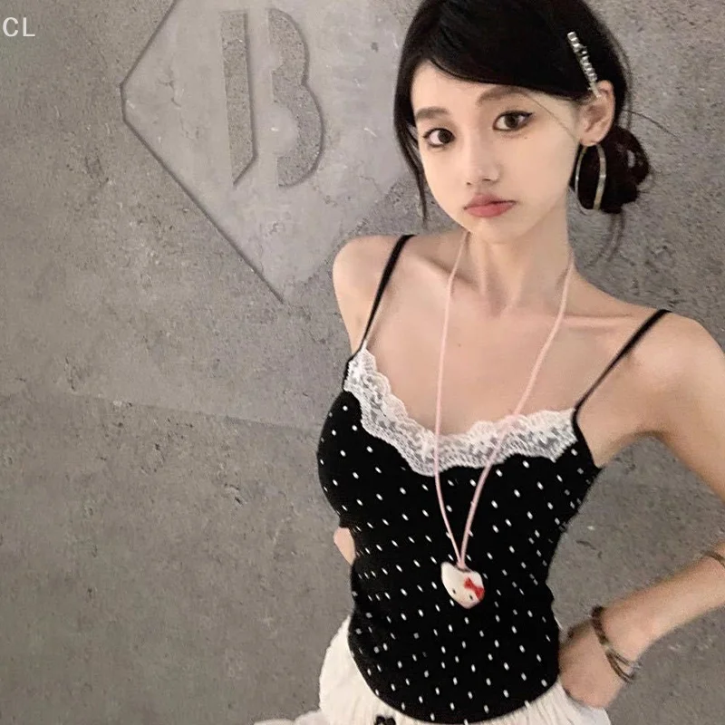 

Women's Summer Pure Lust Style Polka Dots Slim Short Sling Tops Sweet Spicy Girl Lace Edges Spliced V-neck Sleeveless Camisole