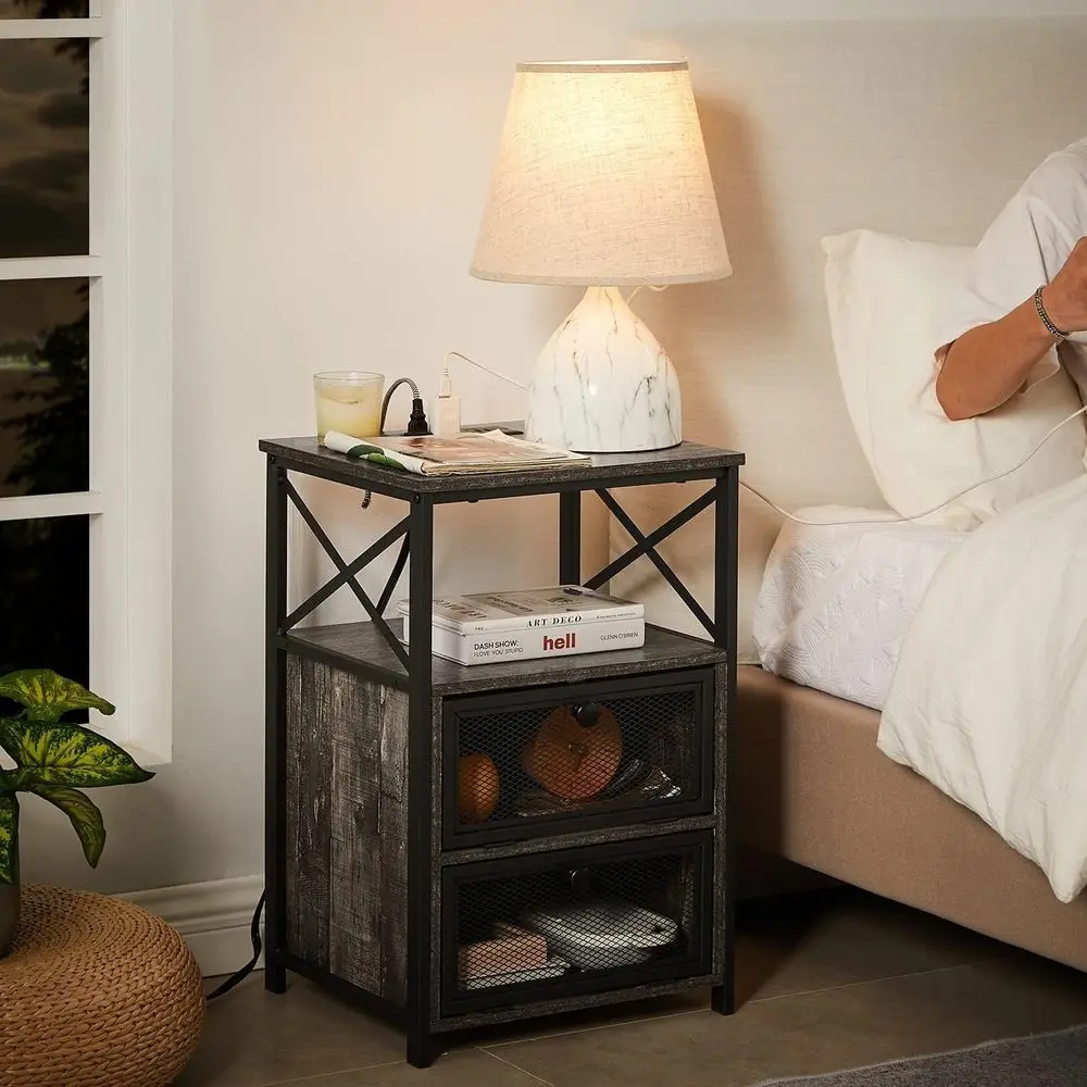 24 tables d'appoint en chêne gris équipés d'usb et de prises, tables de nuit avec chargement et rangement, lot de 2 pour la maison