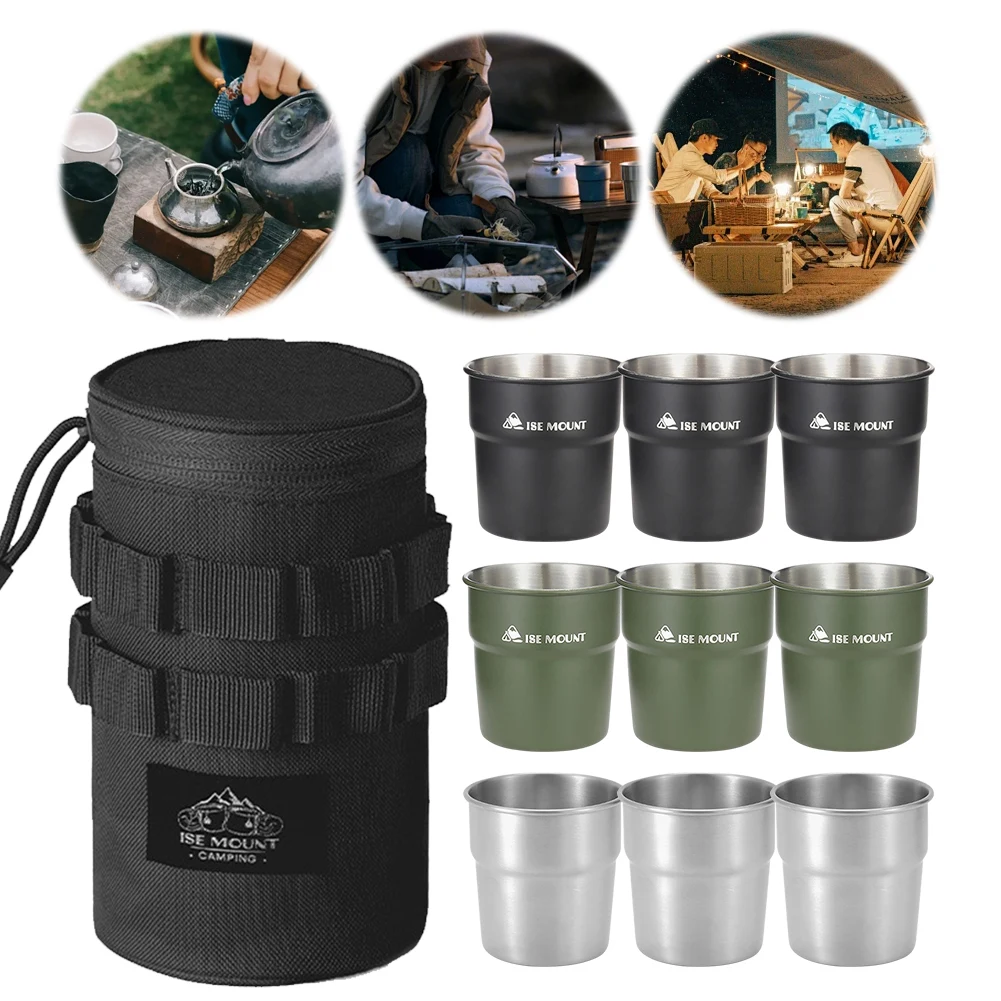 3 Stück 300 ml Outdoor-Campingbecher mit Aufbewahrungstasche, Picknick-BBQ-Becher, Edelstahl-Wasserbecher für Grillabende im Freien