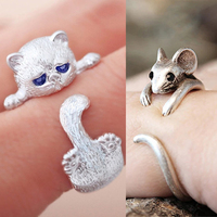 Cute Cat and Mouse Shape Open Ring for Women Antique Silver Color Modern Fashion Girls Finger Accessories Hip Hop Party Jewelry