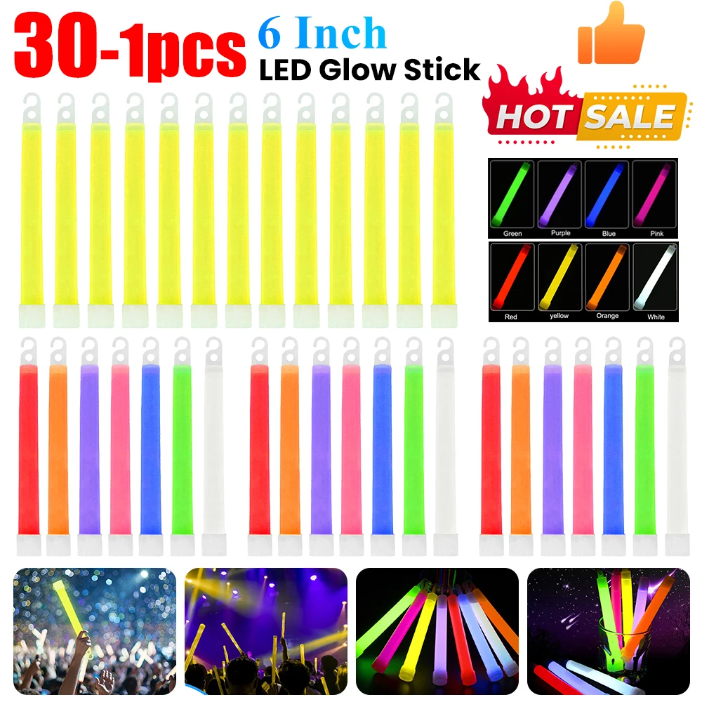 1-30pcs 6 inch Glow Sticks with Hook Long-lasting Fluorescence Light Halloween Decoration Luminous Sticks for Outdoor Emergency