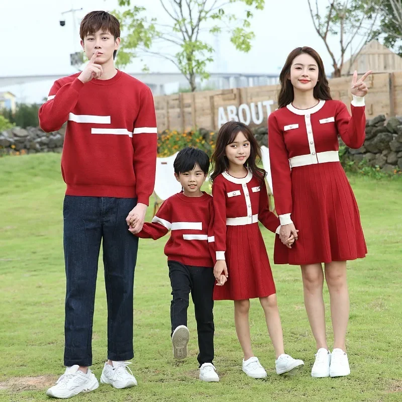 

Christmas Sweater for The Whole Family Happy New Year Mom Daughter Matching Knit Dress Dad Son Red Jumper Knitwear Baby Romper