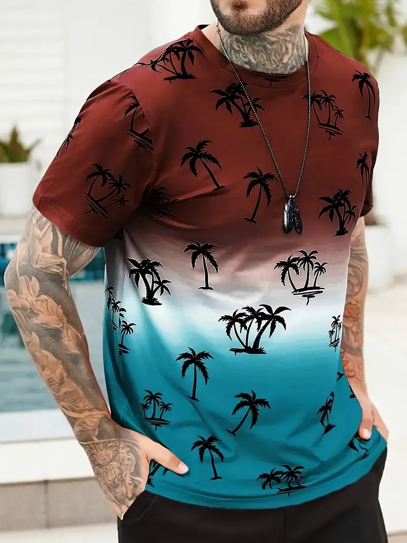 Sports Speed drying Men's T-shirt Running Summer Color blocked Coconut Tree Printed Top Men's Short sleeved Top T-shirt