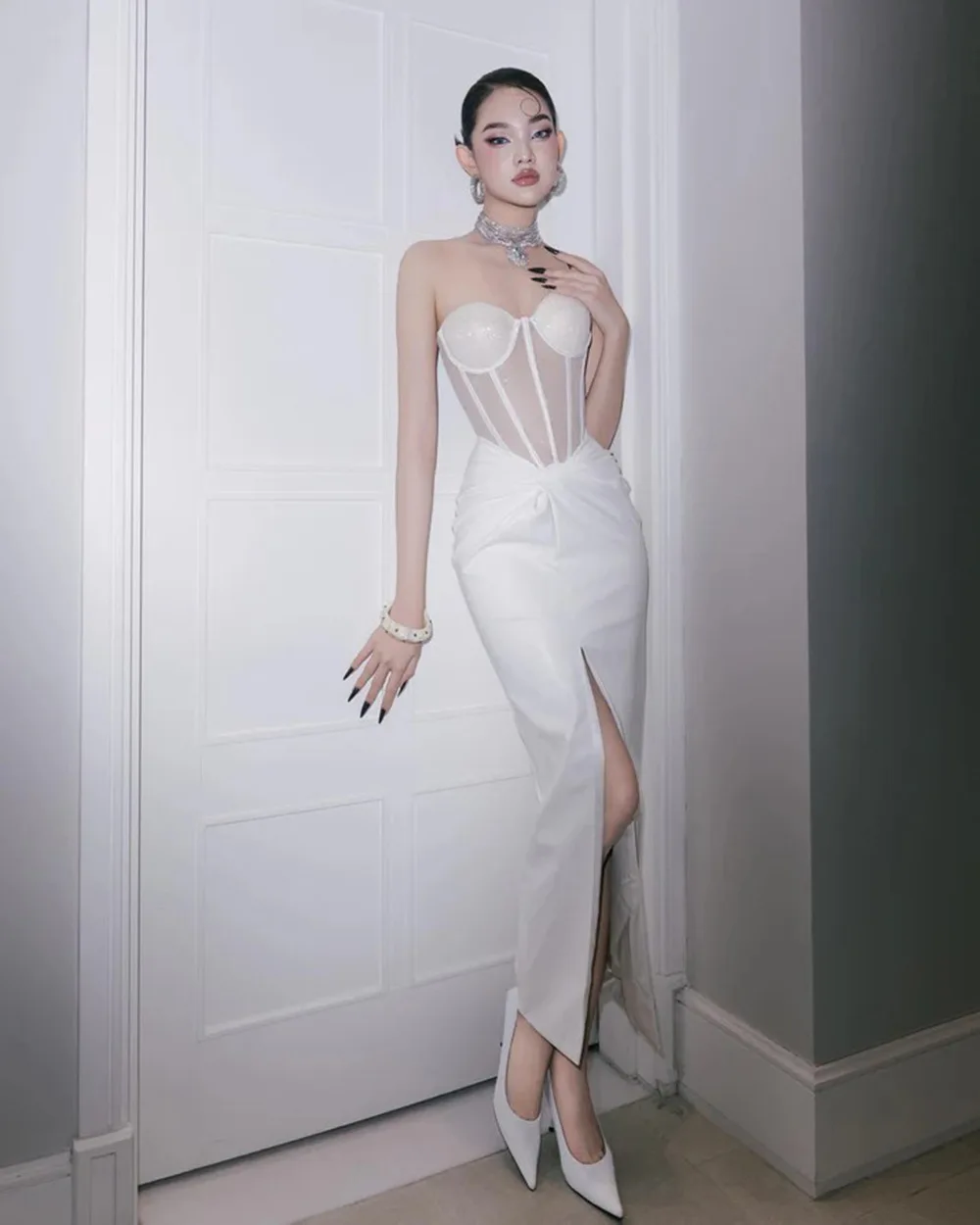 Sexy trägerloses Mesh-durchsichtiges Patchwork-Maxikleid, luxuriös, 2025, Sommer, neues Damen-Abendkleid, modische Promi-Abschlussballkleidung