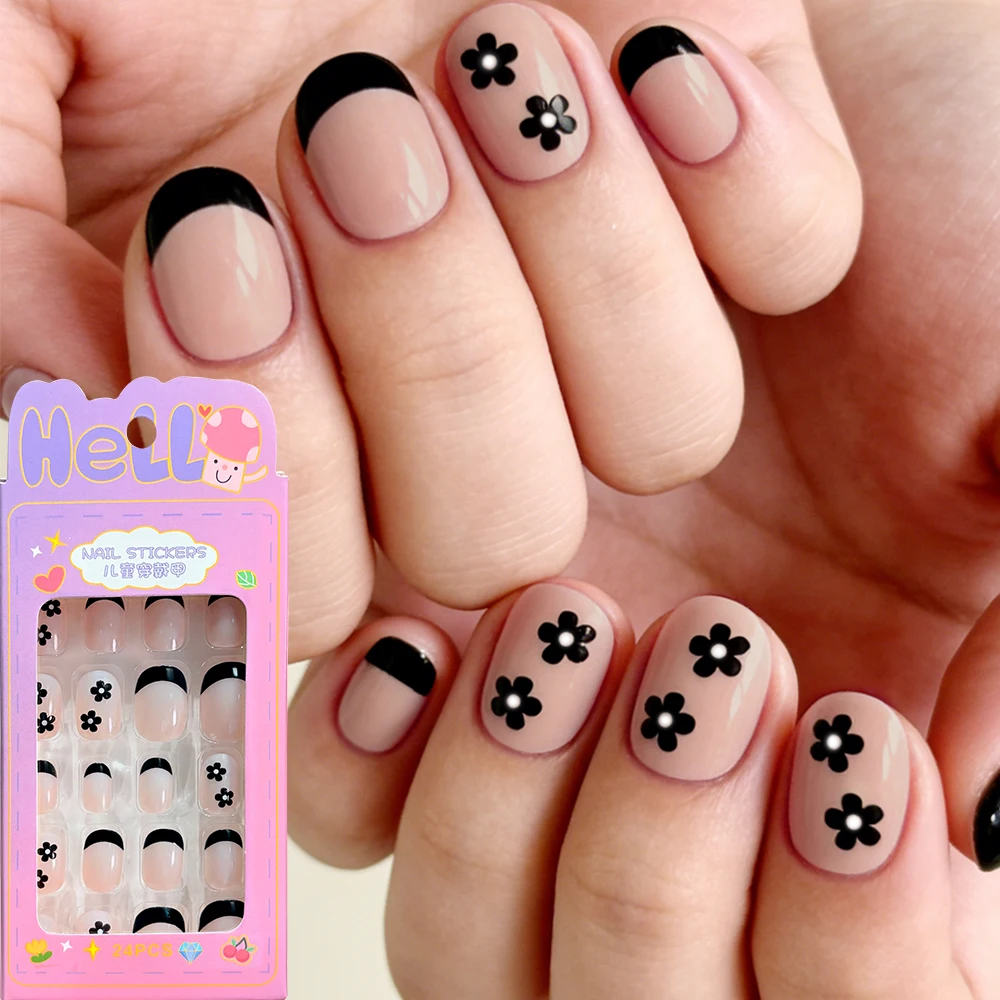 24Pcs/Box Cartoon Kids Press On Nails Black Flower French Tips False Nails Full Cover Fake Nails for Children Daily Holiday Wear view 4