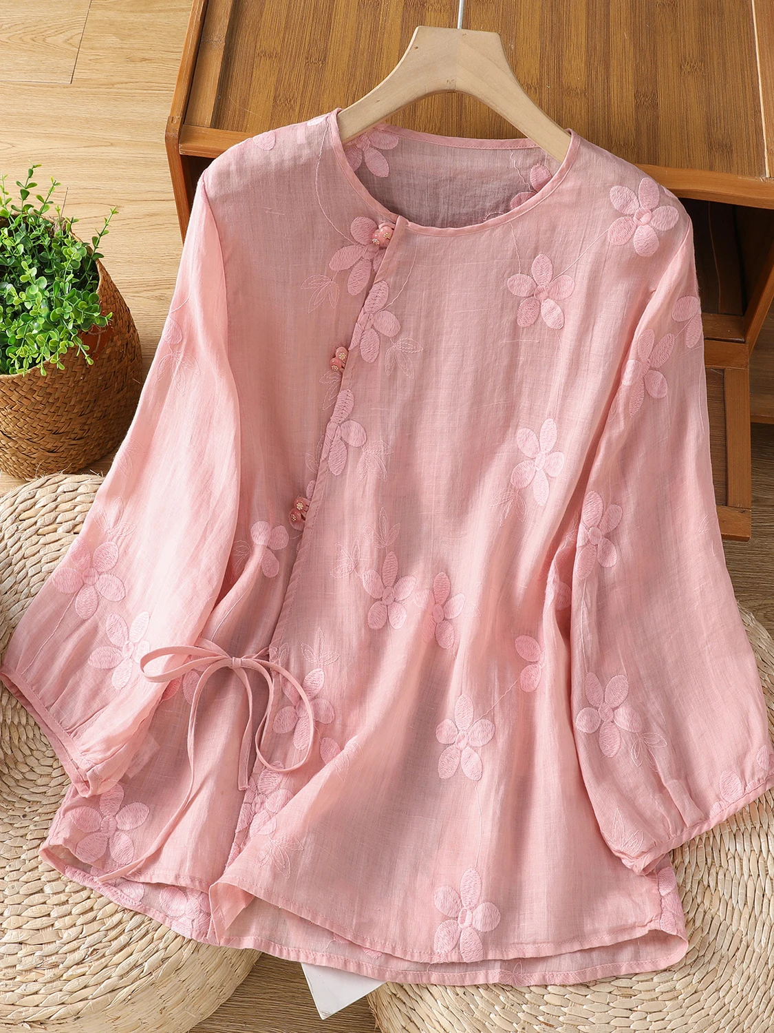 Top de verano de algodón redondo Ne Seven Sve para mujer, transpirable, bordado fino, irt, talla grande, cómodo, holgado, para ir al trabajo