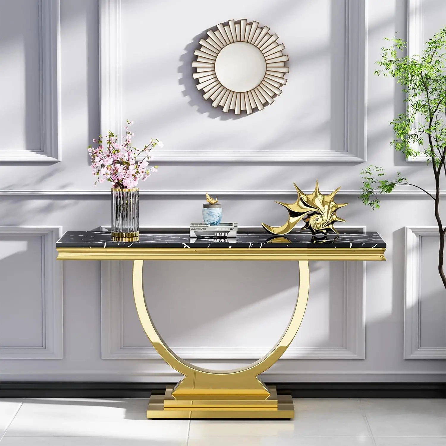 Ssline Modern Black Faux Marble Console Table Luxury Entryway Table With Gold Pedestal Base 46.8