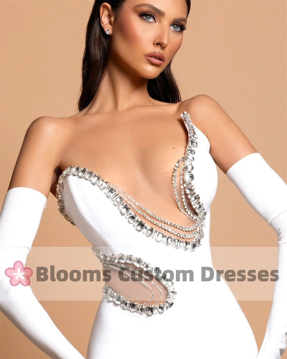 Blooms Pure White Cut-out Crystal Customized Evening Dresses Mermaid Sexy Formal Occasion Bridal Wedding Gown Custom Party Dress