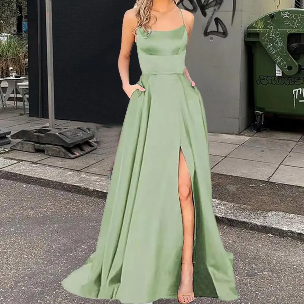 Women Spaghetti Strap Satin Prom Dress Long Elegant Mint Green Backless Summer A-line Maxi Evening Party Gown Vestidos Gala