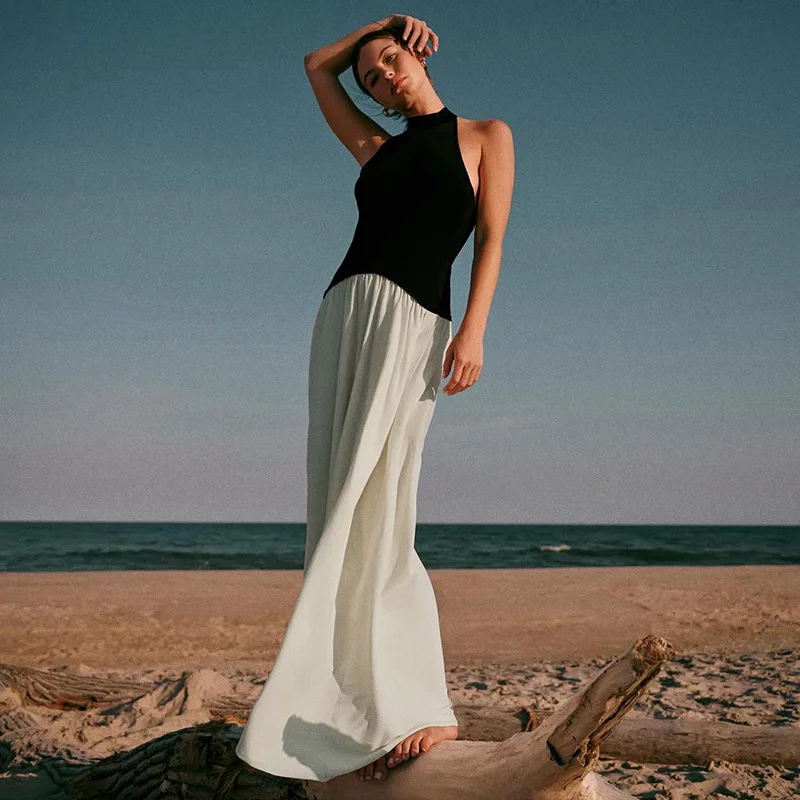 

New Women'S Fashionable Wide Truffle Back Patchwork Pleated Dress With A Slimming And Floor Hugging Style