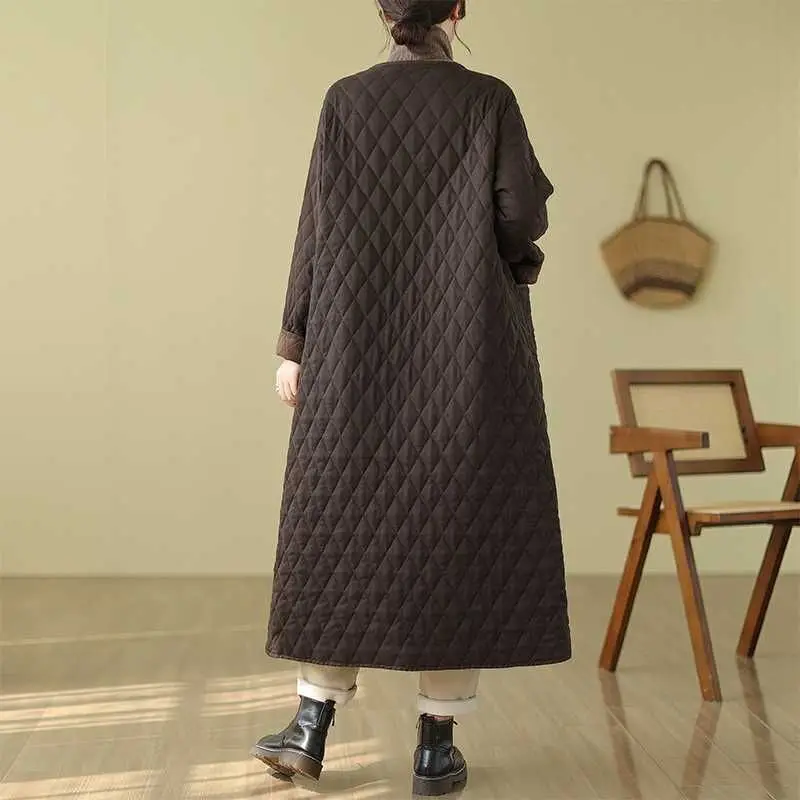 

Retro Pure Color Diamond Pattern Cotton Jaet Women's Plus Size Loose V-Ne Slimming Long Coat Winter New Sle Commute