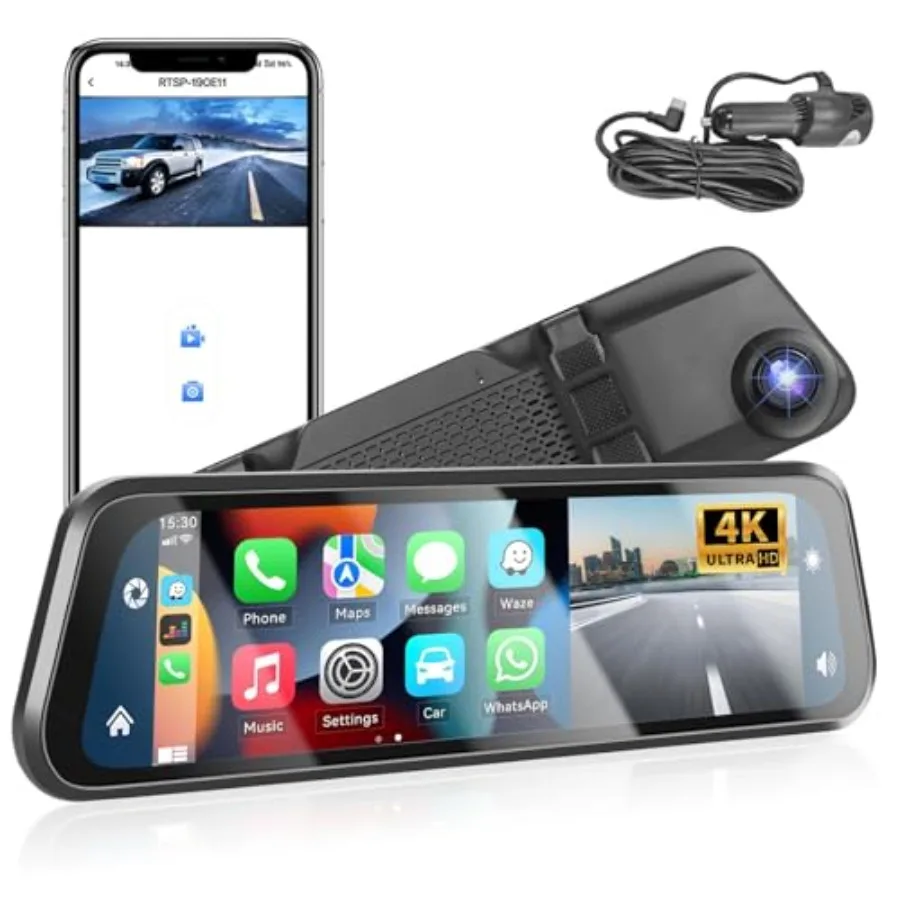 

Car dashboard mount, tempered glass, black, 12-inch IPS touchscreen with 4K resolution, night vision, voice control, parking as