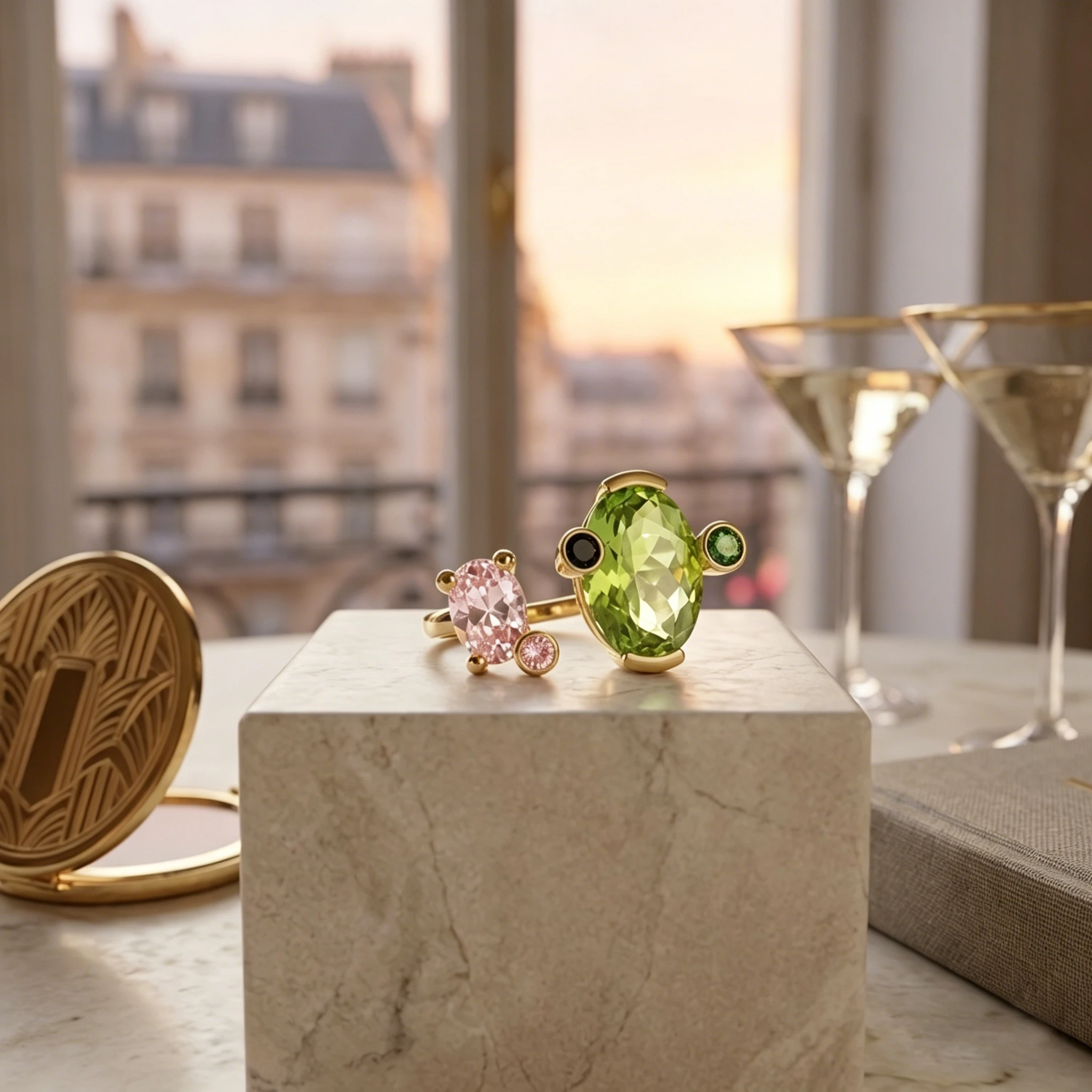 Größenverstellbarer Damenring mit grünem und pinkfarbenem Zirkonia, Modeschmuck für den Alltag und Partys, Geschenk für sie. – Detail 4