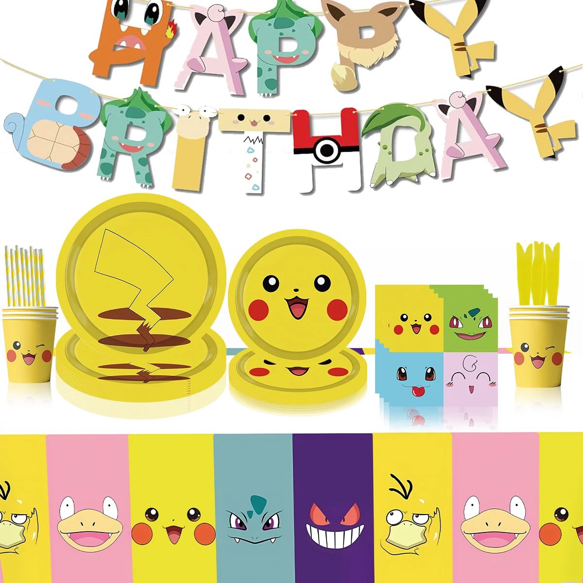 Pokemon Themed Birthday Party Decoration Pikachu Banner Balloon Cutlery Set Tablecloth Baby Shower Children\'s Party DIY Toy Gift