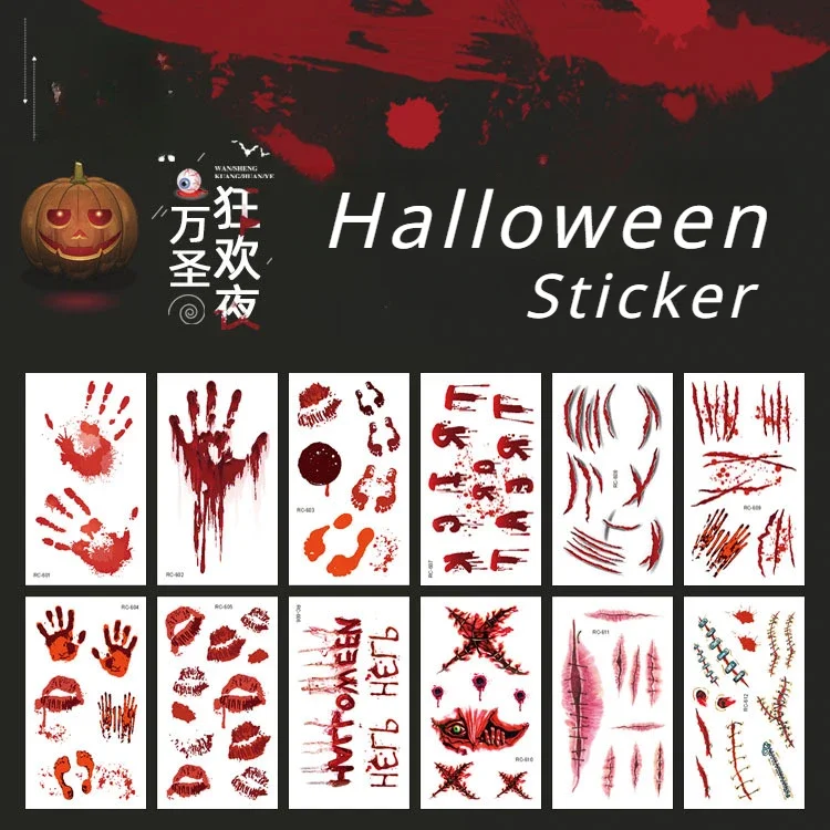 Halloween Scars Realistic Blood Stickers Waterproof Funny Temporary Tattoo Sticker All Saints' Day Horror Face Makeup Sticker