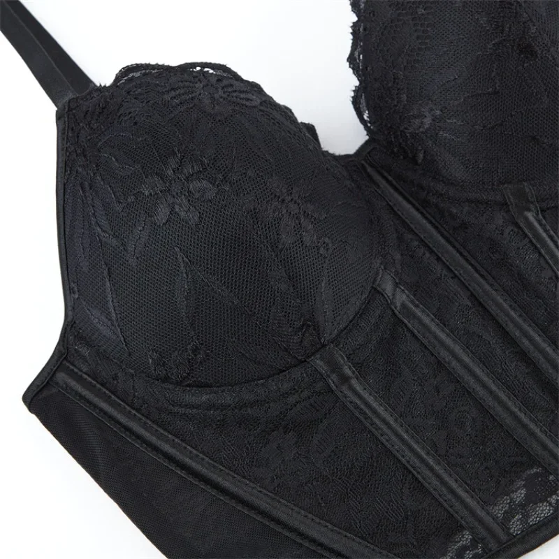 Czarny koronkowy gorset bustier damski push-up z przezroczystej siateczki, elegancka bielizna na imprezę klubową.