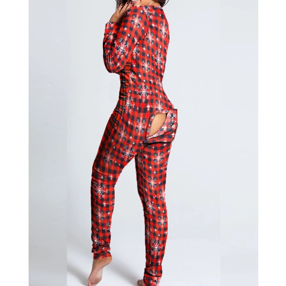 Sexy Pyjama Women\'s Jumpsuit Suit Button-down Front Back Butt Bum Open Ass Flap Jumpsuit  2023 Christmas Onesies Print Outfit