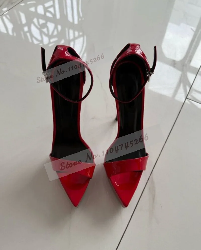 Red Nude Black Mirror Leather Platform Sandals Thin High Heel Pointed Toe Dress Shoes Single Band Buckle Strap Dress Pumps