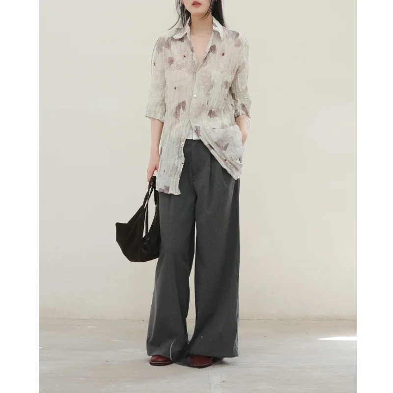 

Silk Metal Thread Pleated Mid-Sleeve Shirt And Skirt Set Water-Media Print Loose Fit Style Seven-Piece Pants Summer Fashion