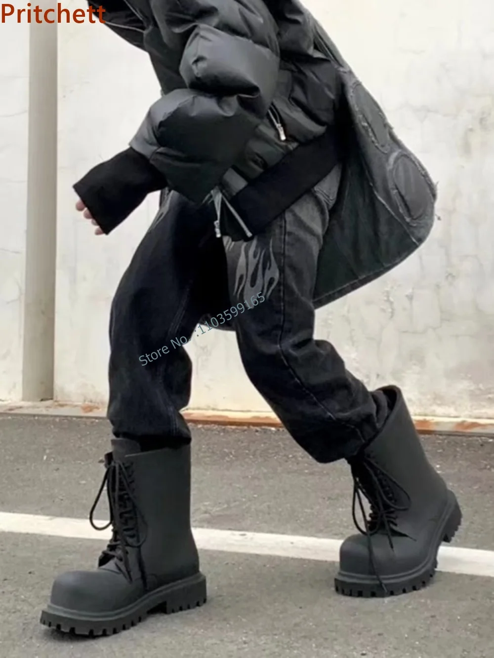 Thick Soled Mid Calf Boots Round Toe Solid Black Platform Cross Lace Up Sewing Leisure Shoes Spring Concise Comfortable Shoes