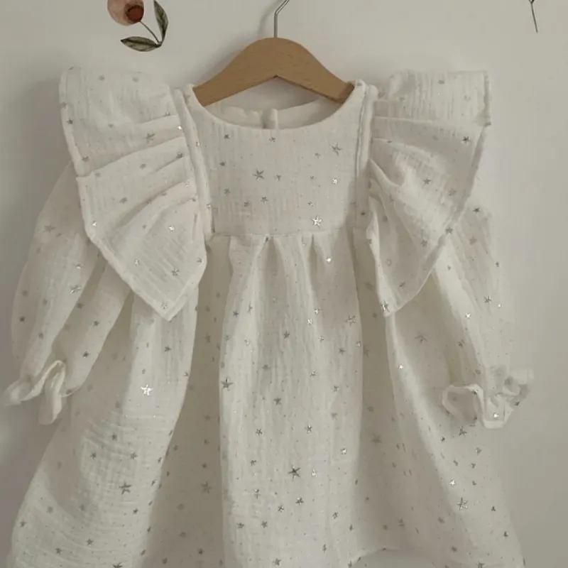 Baby Girl Princess Bling Star Cotton Ruffle Dress Long Flared Sleeve Spring Autumn Infant Toddler  Vestido Baby Clothes 1-5Y